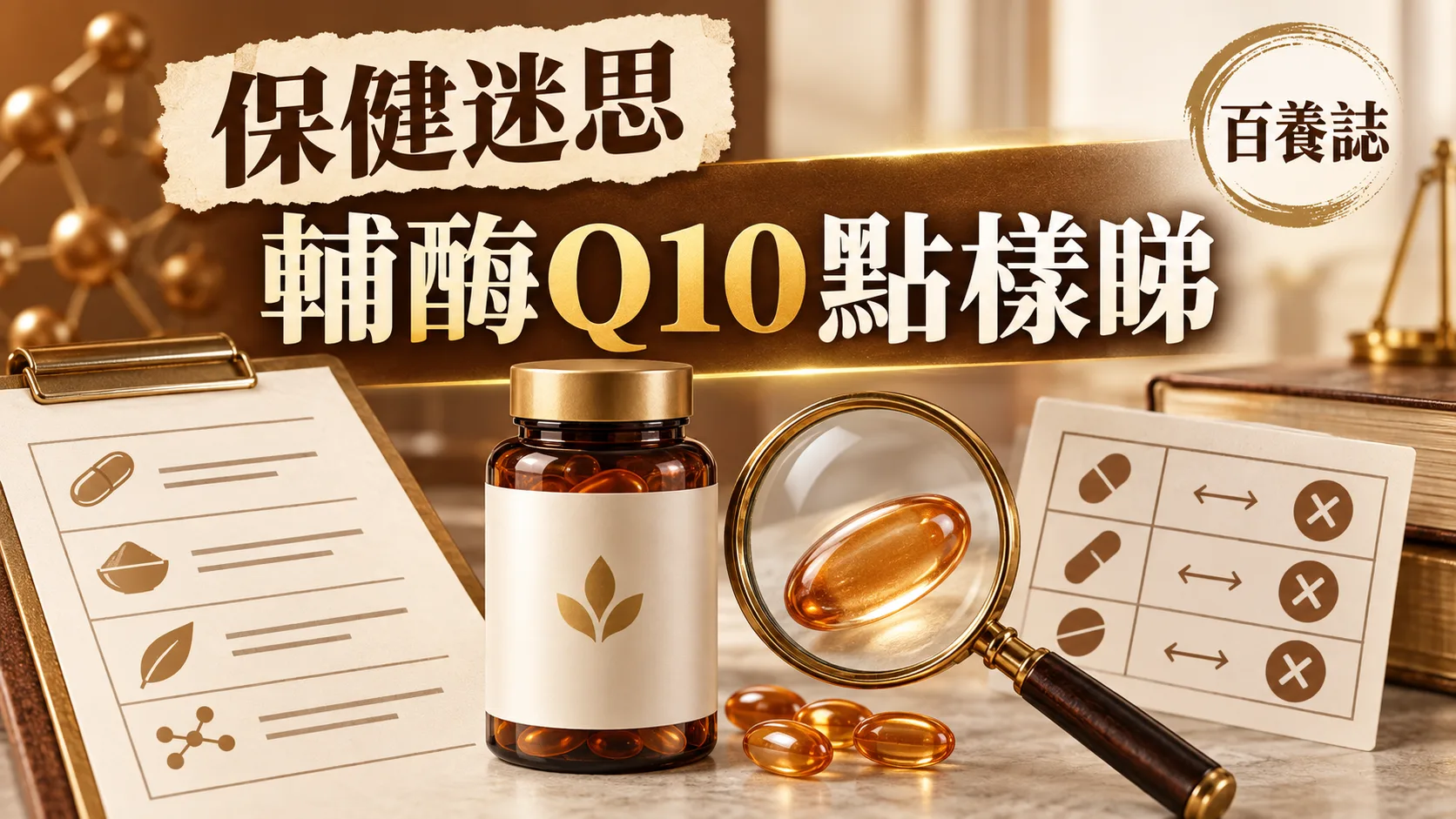 金銅啡米白輔酶Q10容器、研究文件、放大鏡與藥物核對封面，文字為保健迷思、輔酶Q10點樣睇、百養誌