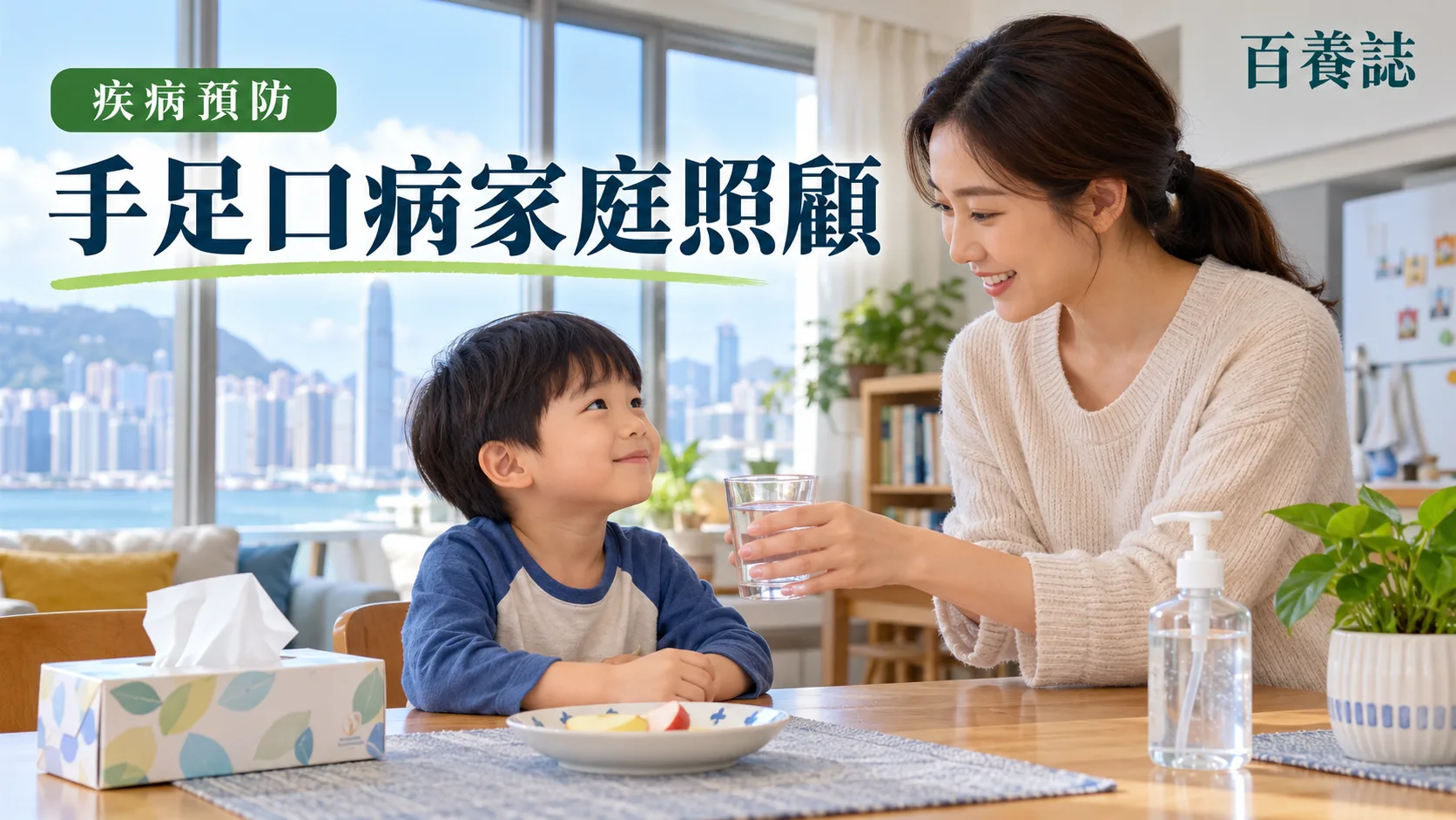 百養誌手足口病家庭照顧的自然彩色健康教育情境封面;沒有個人診斷或治療結果。