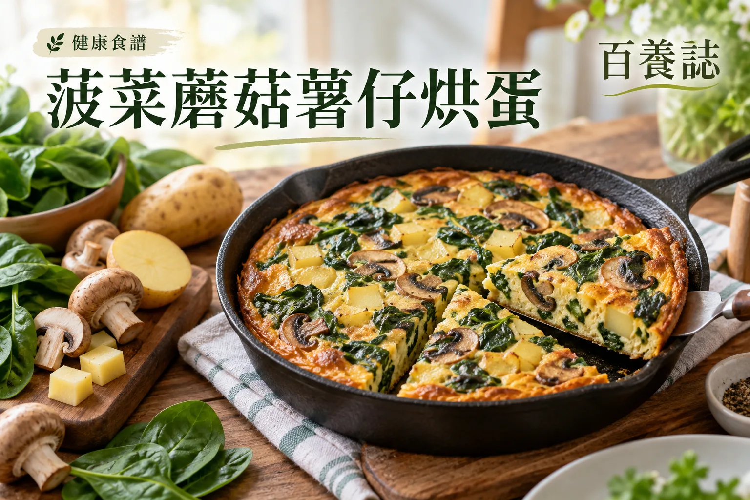 百養誌菠菜蘑菇薯仔烘蛋的自然彩色健康教育情境封面;沒有個人診斷或治療結果。