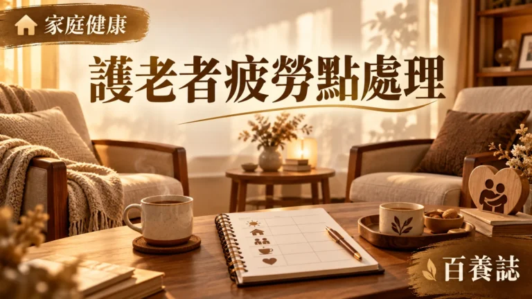 金銅啡米白護老者、長者、休息、分工與支援圖示封面，文字為家庭健康、護老者疲勞點處理、百養誌