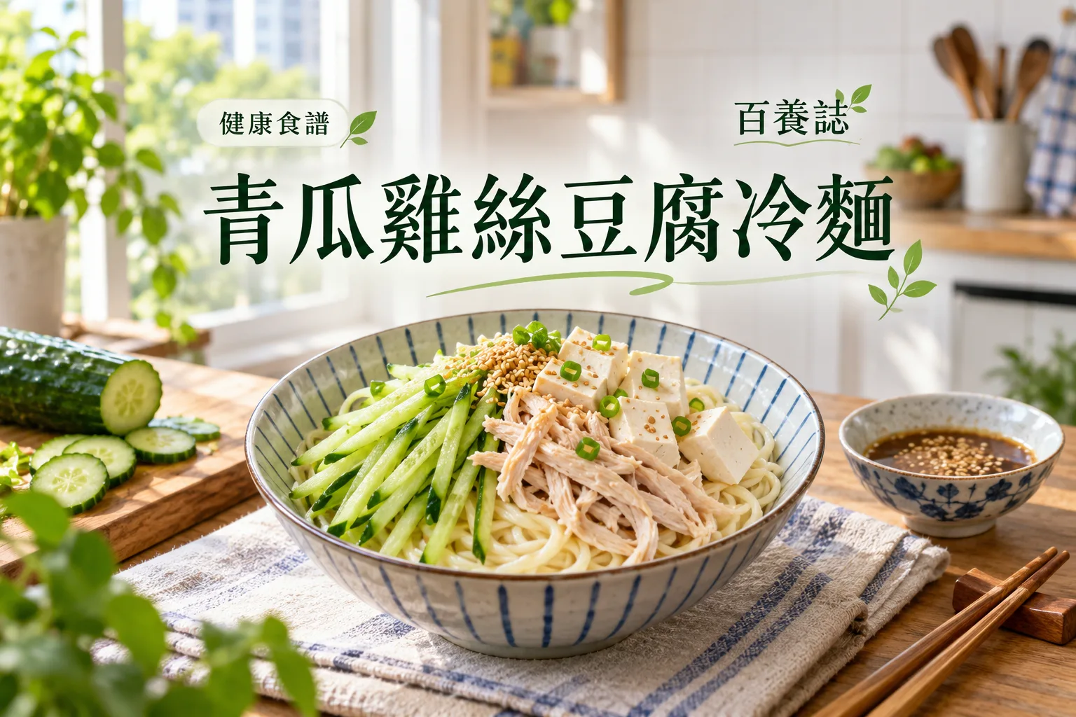 百養誌青瓜雞絲豆腐冷麵的自然彩色健康教育情境封面；沒有個人診斷或治療結果。