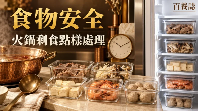百養誌「火鍋剩食點樣處理」健康教育封面：火鍋與分裝盒中的蝦、豆腐及菇類；圖片為情境示意。