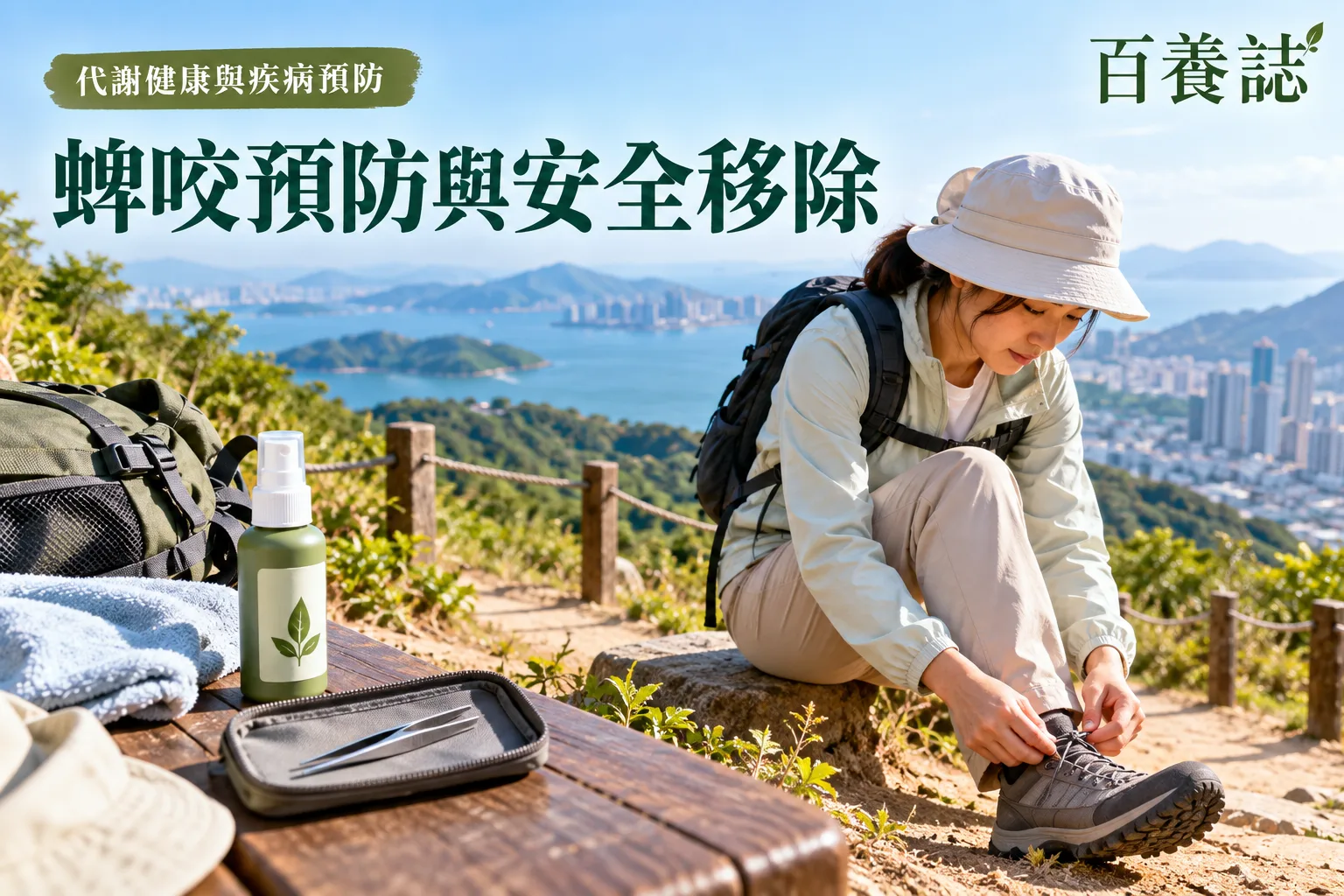 百養誌蜱咬預防與安全移除的自然彩色健康教育情境封面;沒有個人診斷或治療結果。