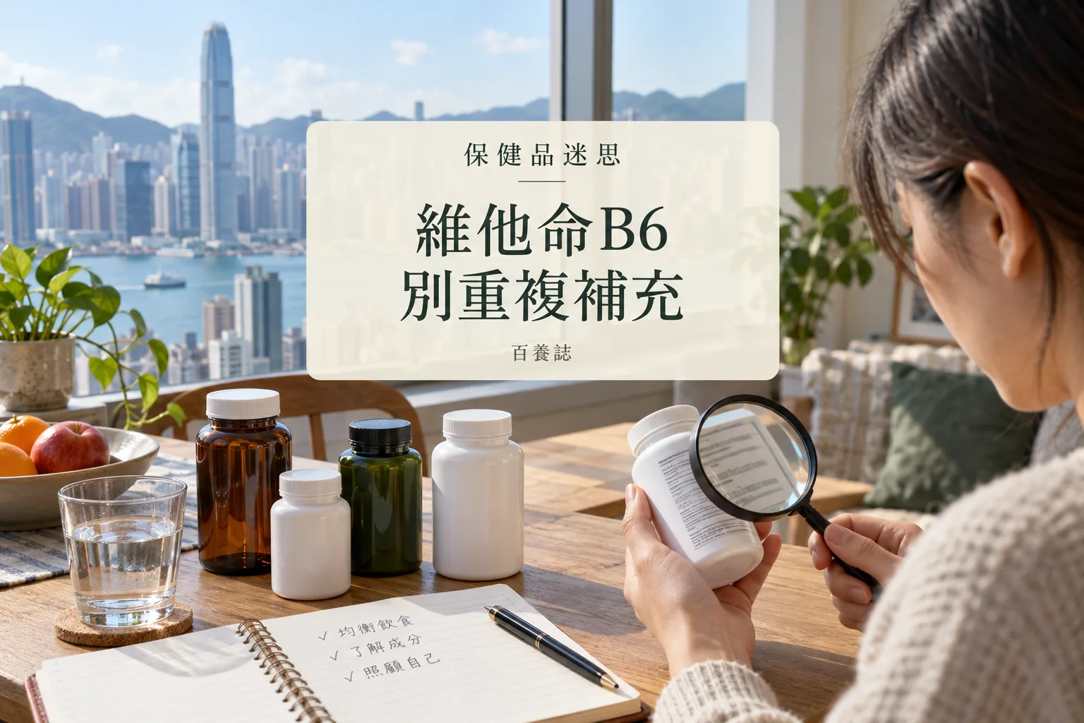 百養誌維他命B6別重複補充的自然彩色健康教育情境封面;沒有個人診斷或治療結果。