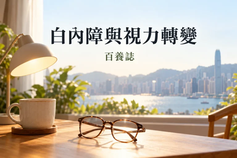 香港家居閱讀情境，長者與家人調整桌燈位置並查看大字藥袋，呈現視力安全支援
