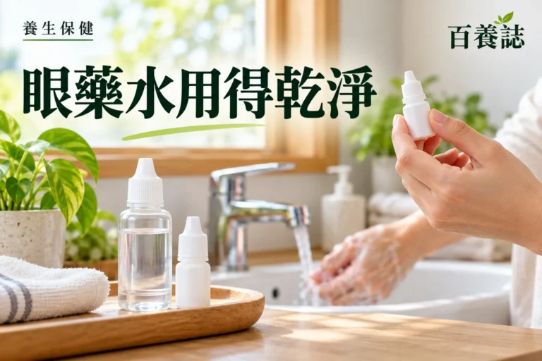 百養誌眼藥水用得乾淨的自然彩色健康教育情境封面；沒有個人診斷或治療結果。