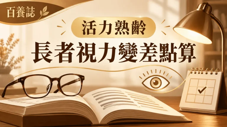 金銅啡米白眼鏡、閱讀燈、眼科檢查與家居安全封面，文字為活力熟齡、長者視力變差點算、百養誌