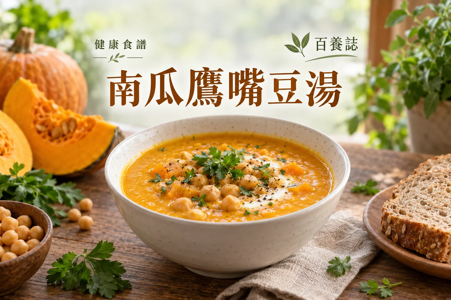 百養誌南瓜鷹嘴豆湯的自然彩色健康教育情境封面；沒有個人診斷或治療結果。