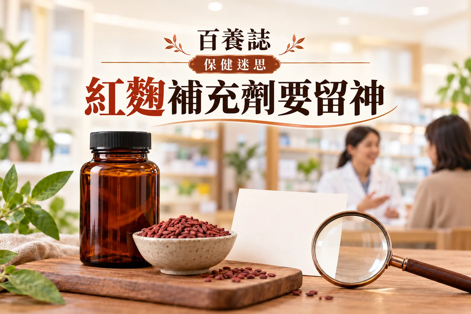 百養誌紅麴補充劑要留神的自然彩色健康教育情境封面；沒有個人診斷或治療結果。