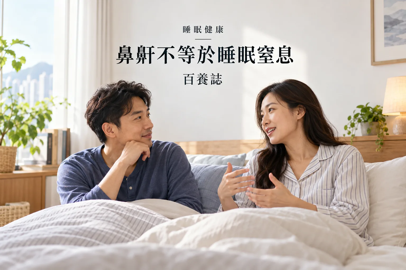 百養誌鼻鼾不等於睡眠窒息的自然彩色健康教育情境封面；沒有個人診斷或治療結果。