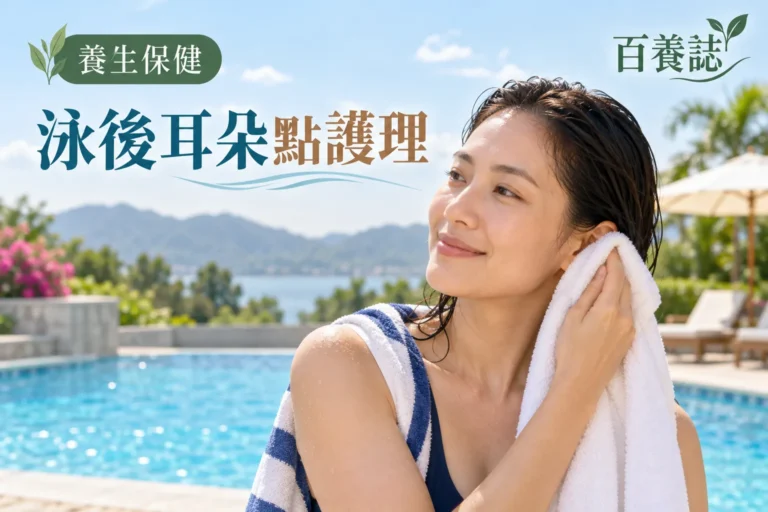 百養誌泳後耳朵點護理的自然彩色健康教育情境封面；沒有個人診斷或治療結果。