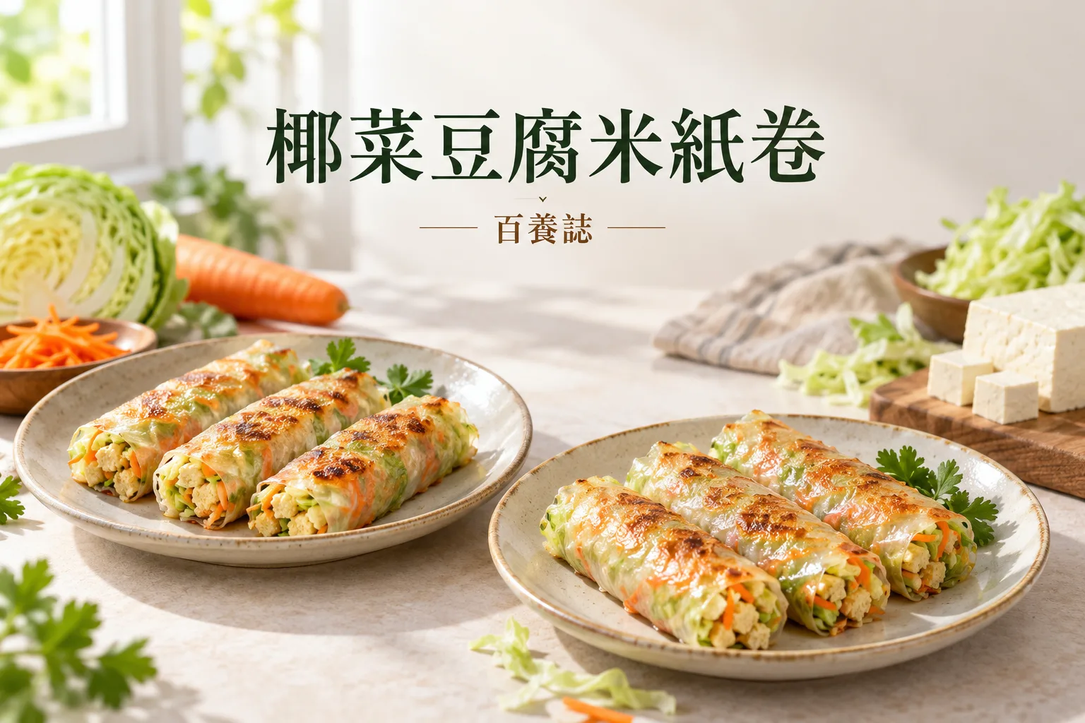家居食譜實作示意,展示椰菜豆腐米紙卷的材料與全熟成品,不作營養療效保證