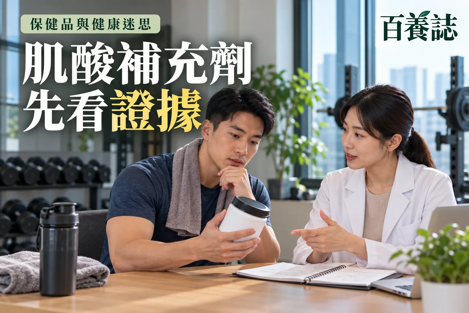百養誌肌酸補充劑先看證據的自然彩色健康教育情境封面;沒有個人診斷或治療結果。