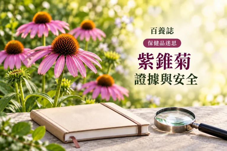 百養誌紫錐菊證據與安全的自然彩色健康教育情境封面；沒有個人診斷或治療結果。