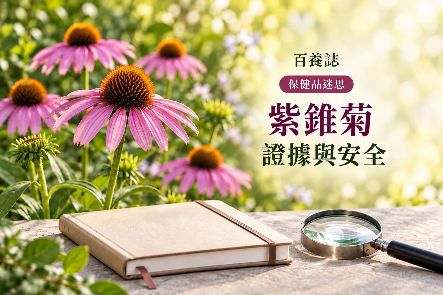 百養誌紫錐菊證據與安全的自然彩色健康教育情境封面；沒有個人診斷或治療結果。