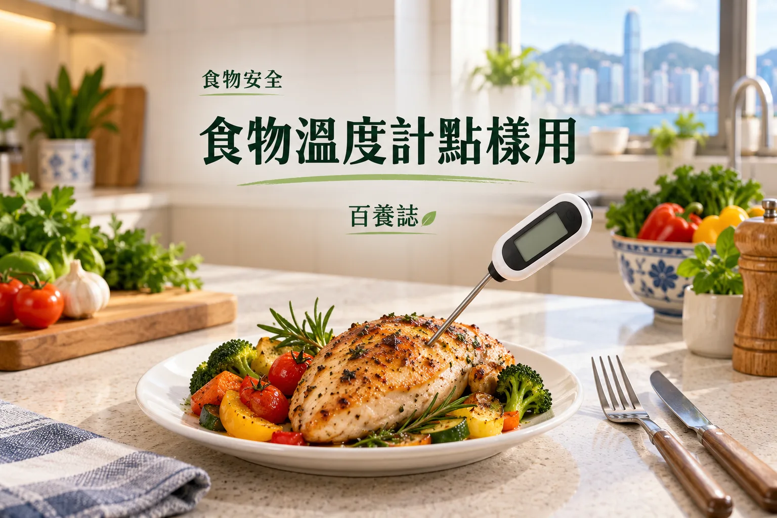 百養誌食物溫度計點樣用的自然彩色健康教育情境封面；沒有個人診斷或治療結果。