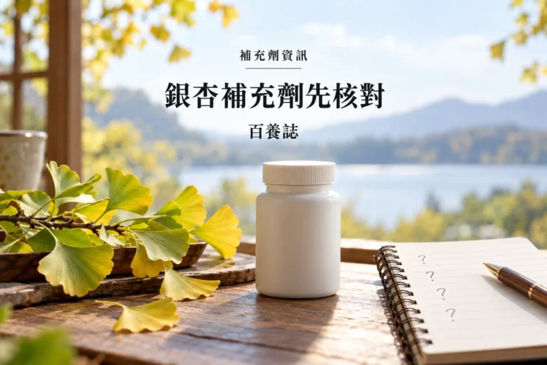 百養誌銀杏補充劑先核對的自然彩色健康教育情境封面；沒有個人診斷或治療結果。