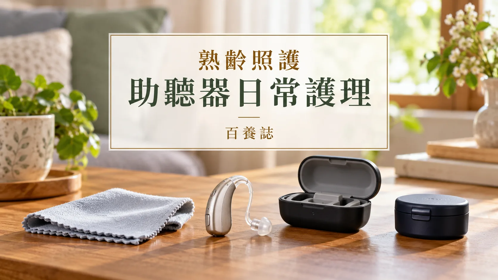 百養誌助聽器日常護理的自然彩色健康教育情境封面；沒有個人診斷或治療結果。