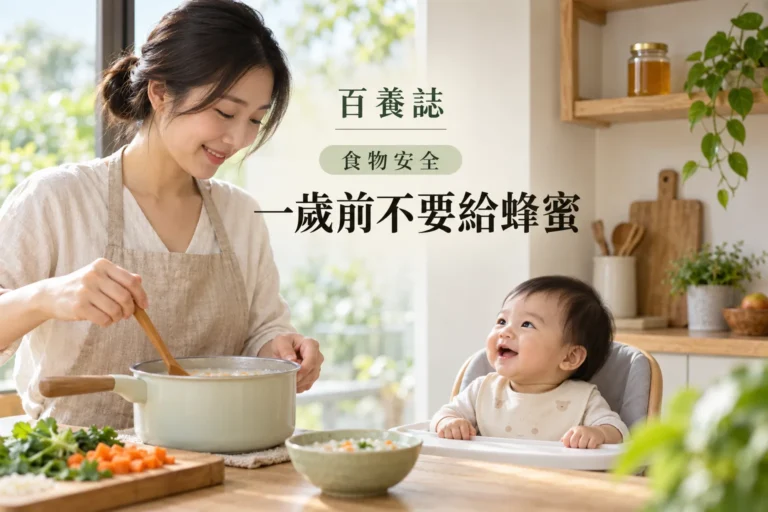 百養誌一歲前不要給蜂蜜的自然彩色健康教育情境封面；沒有個人診斷或治療結果。