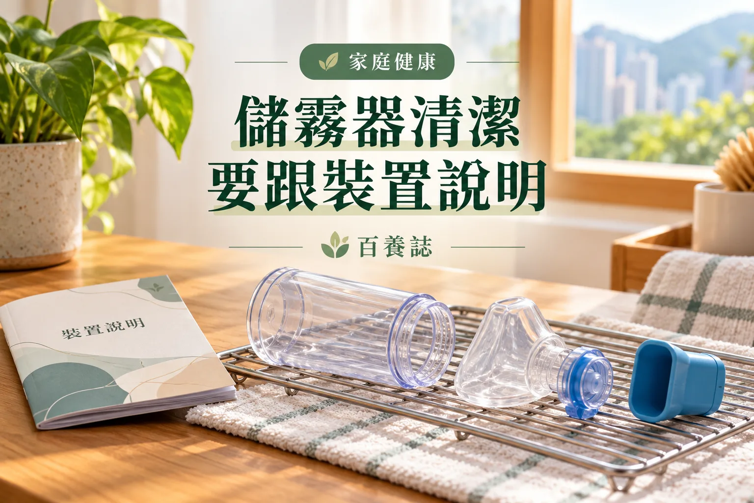 百養誌儲霧器清潔要跟裝置說明的自然彩色健康教育情境封面；沒有個人診斷或治療結果。
