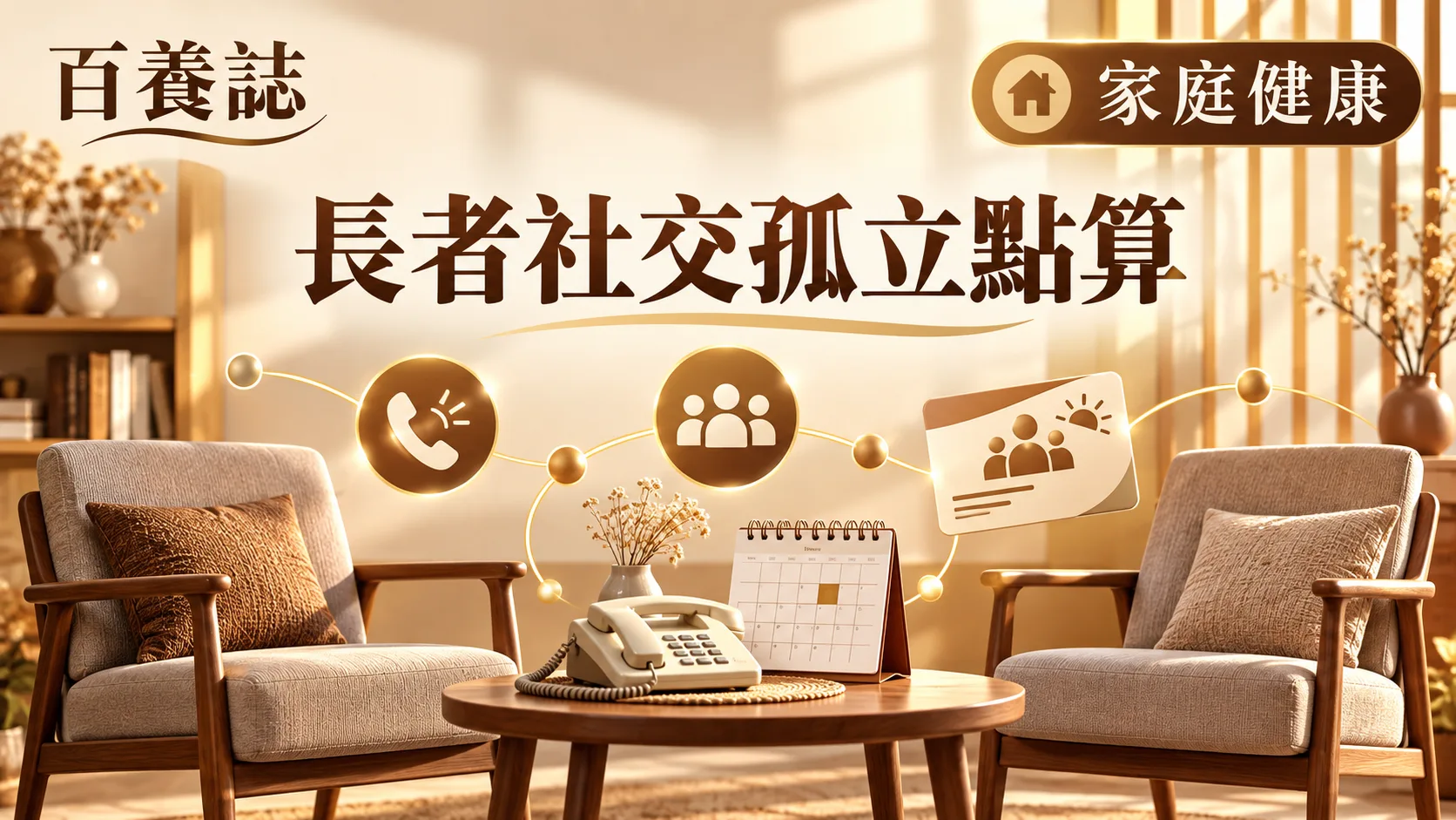 金銅啡米白長者與家人聯絡、社區活動和安全支援封面，文字為家庭健康、長者社交孤立點算、百養誌
