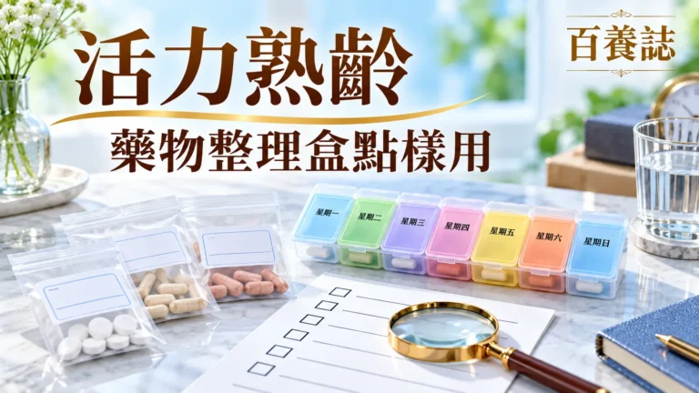 百養誌「藥物整理盒點樣用」健康教育封面：多色星期藥盒、藥袋及核對清單；圖片為情境示意。