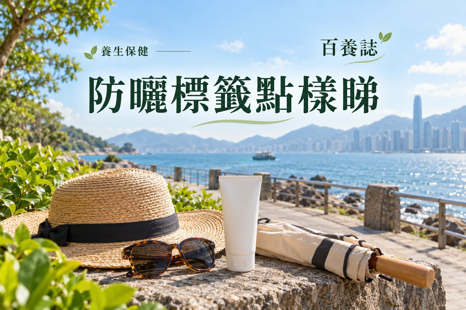 百養誌防曬標籤點樣睇的自然彩色健康教育情境封面;沒有個人診斷或治療結果。