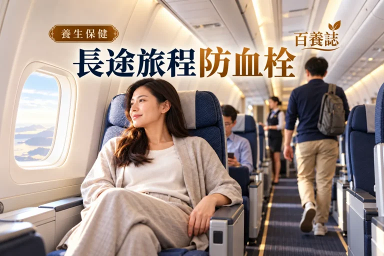 百養誌長途旅程防血栓的自然彩色健康教育情境封面；沒有個人診斷或治療結果。