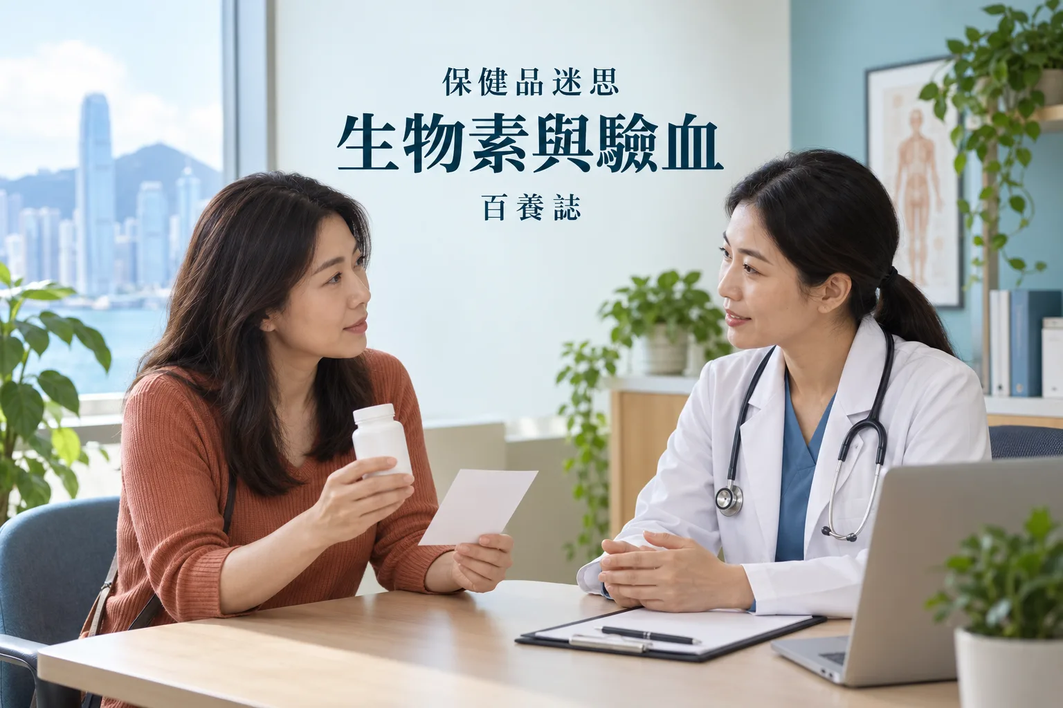 百養誌生物素與驗血的自然彩色健康教育情境封面；沒有個人診斷或治療結果。