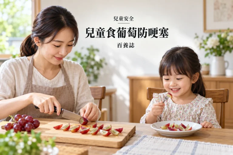 百養誌兒童食葡萄防哽塞的自然彩色健康教育情境封面；沒有個人診斷或治療結果。