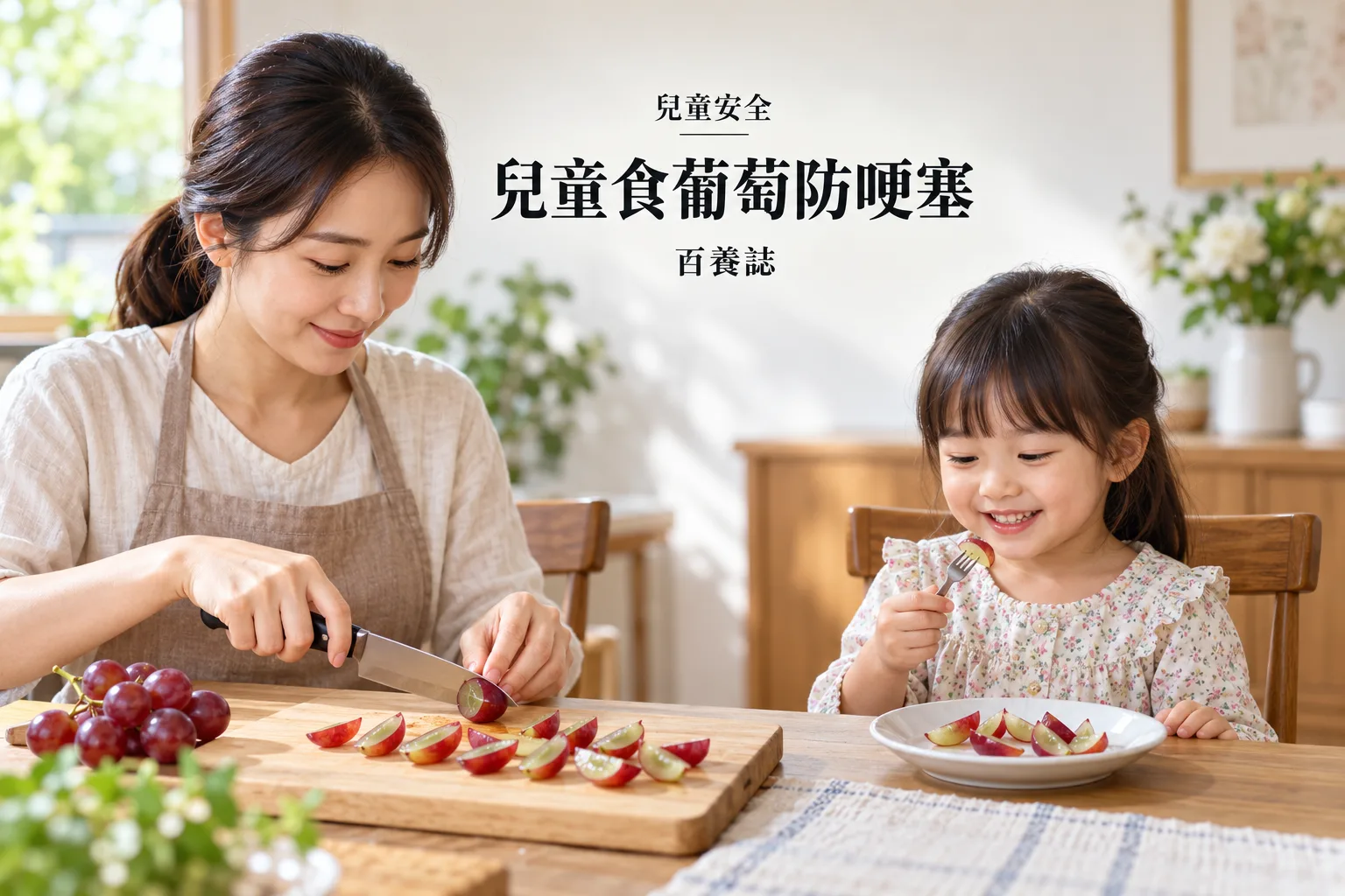 百養誌兒童食葡萄防哽塞的自然彩色健康教育情境封面;沒有個人診斷或治療結果。