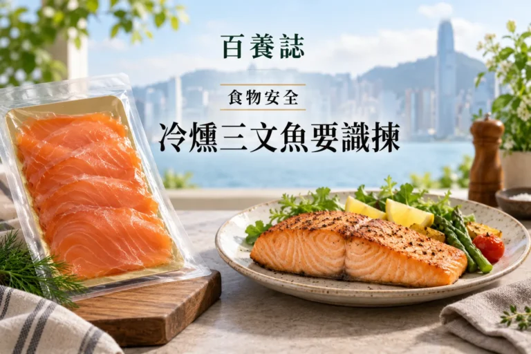 百養誌冷燻三文魚要識揀的自然彩色健康教育情境封面；沒有個人診斷或治療結果。