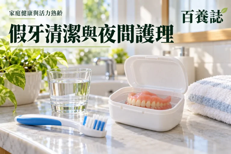 百養誌假牙清潔與夜間護理的自然彩色健康教育情境封面；沒有個人診斷或治療結果。