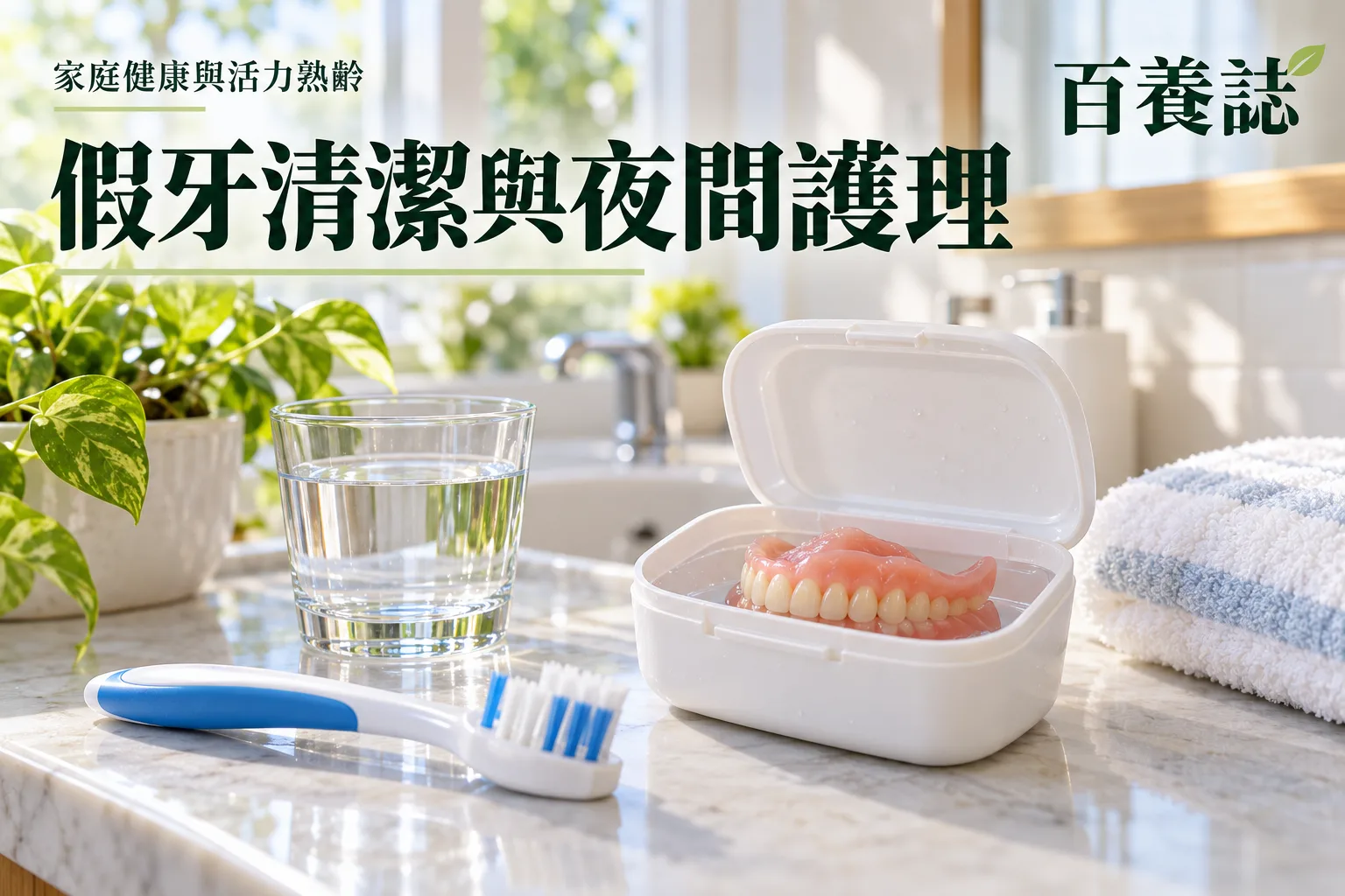 百養誌假牙清潔與夜間護理的自然彩色健康教育情境封面；沒有個人診斷或治療結果。