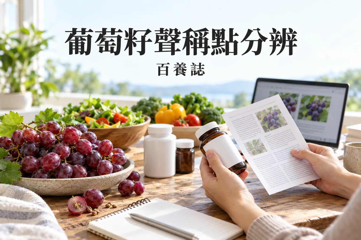 百養誌「葡萄籽聲稱點分辨」健康教育情境封面;非個人診斷或治療效果證明。