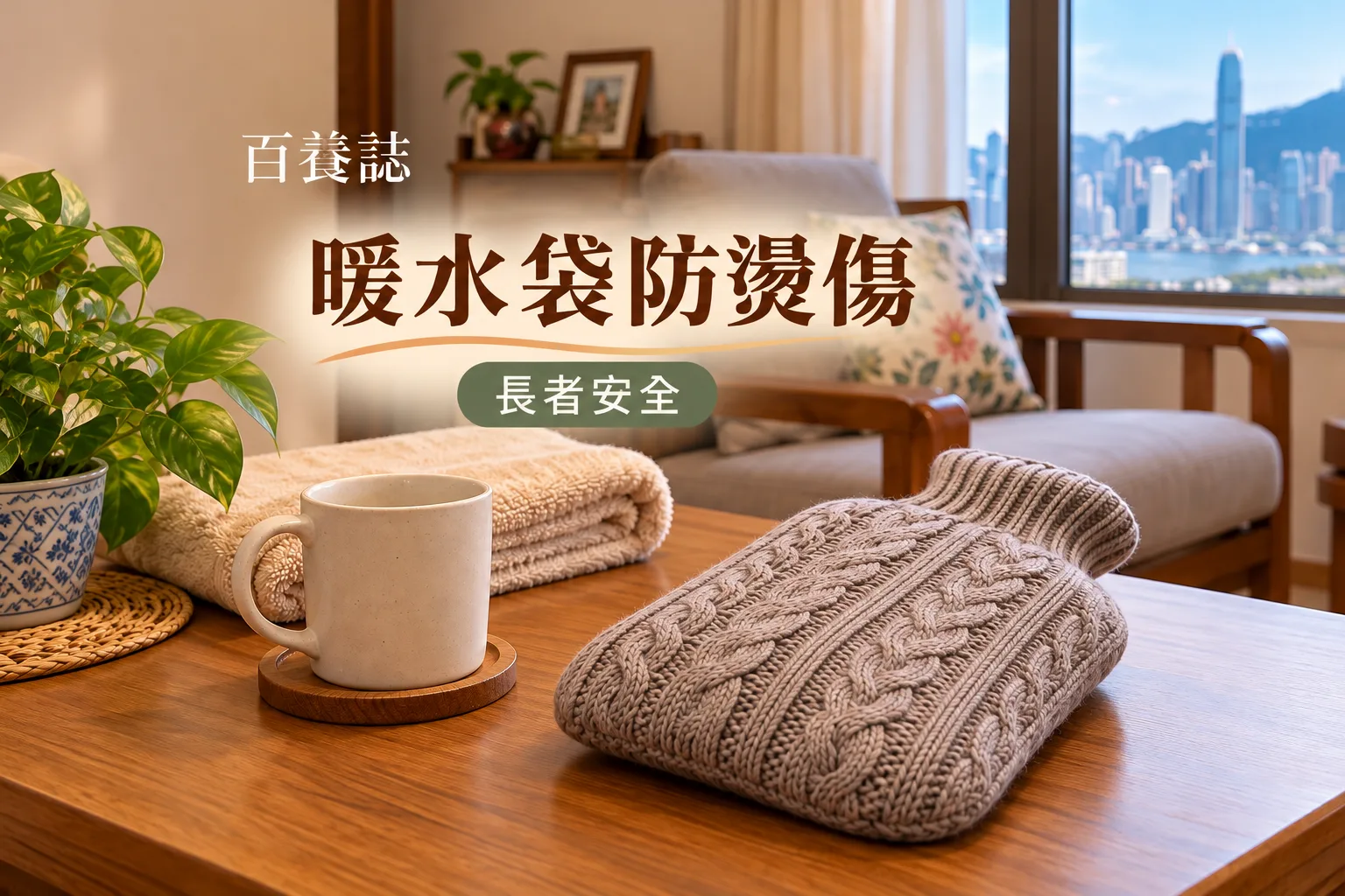 百養誌暖水袋防燙傷的自然彩色健康教育情境封面;沒有個人診斷或治療結果。