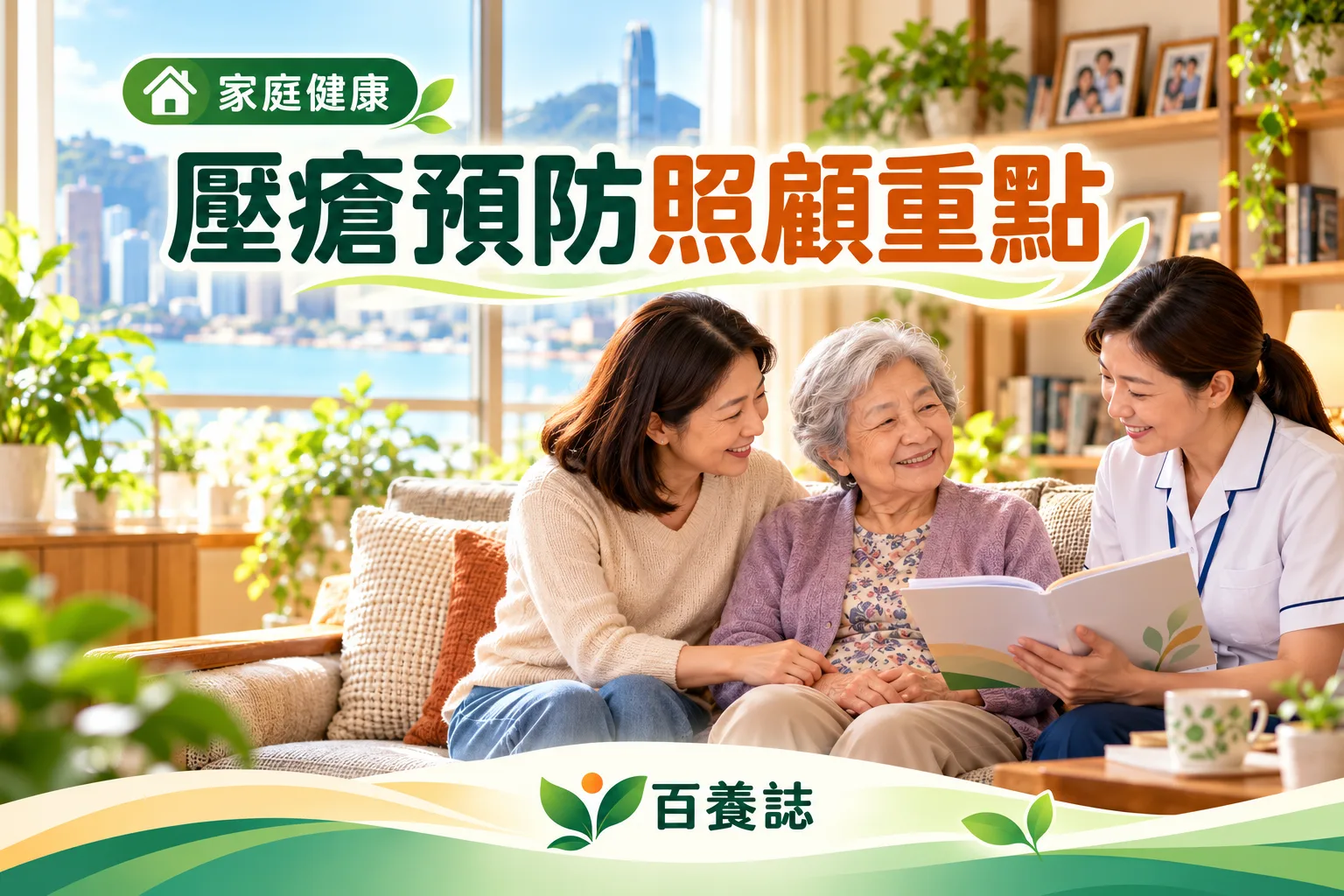 百養誌壓瘡預防照顧重點的自然彩色健康教育情境封面；沒有個人診斷或治療結果。