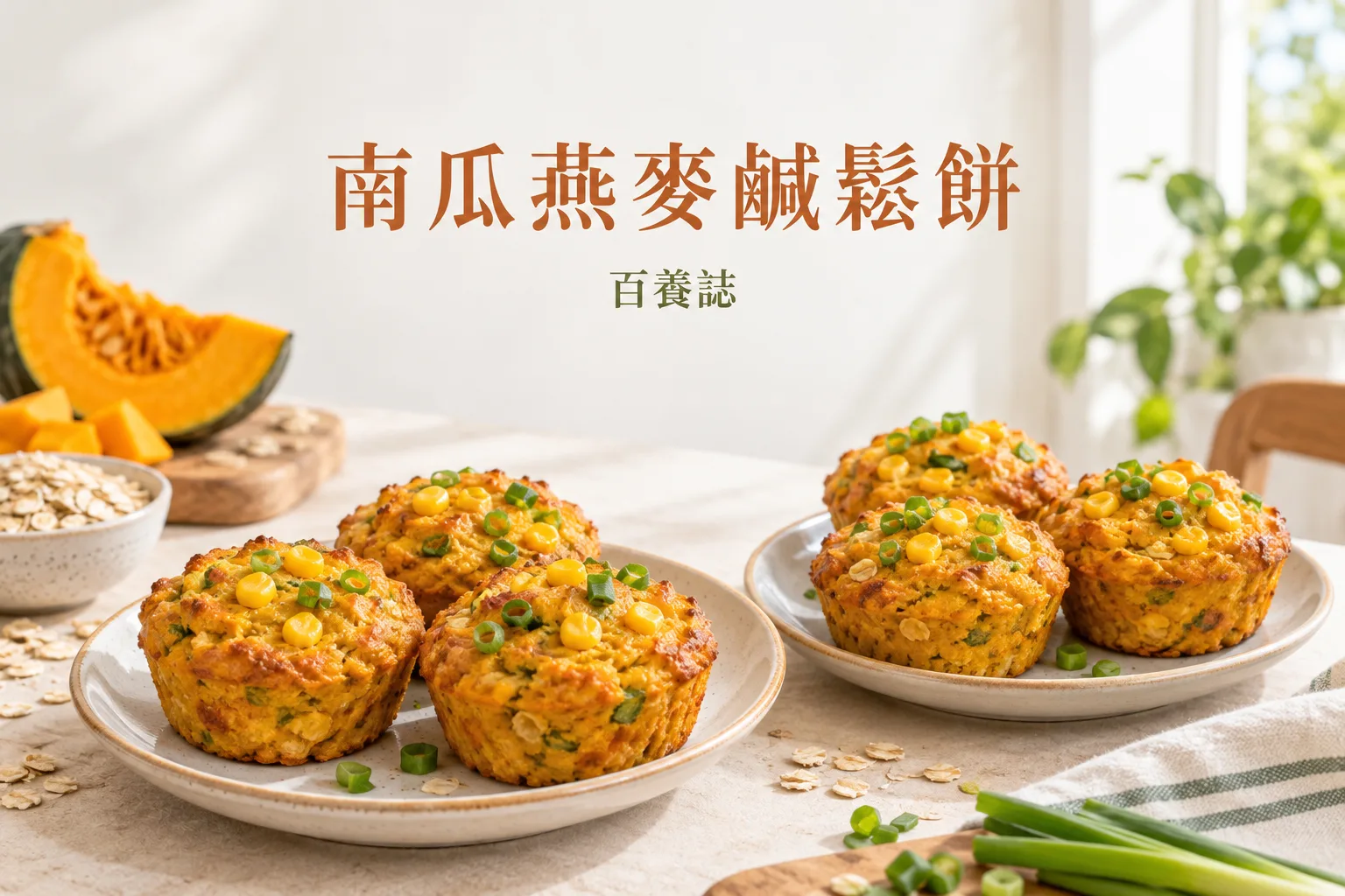 家居食譜實作示意,展示南瓜燕麥鹹鬆餅的材料與全熟成品,不作營養療效保證