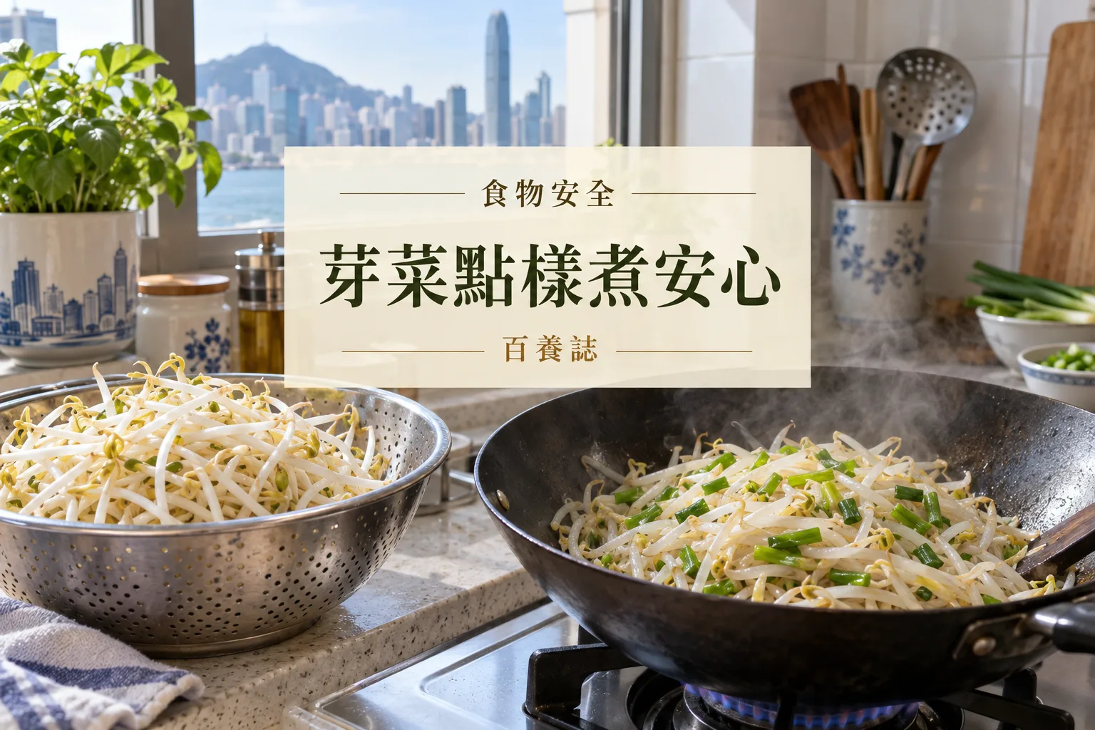 百養誌芽菜點樣煮安心的自然彩色健康教育情境封面；沒有個人診斷或治療結果。