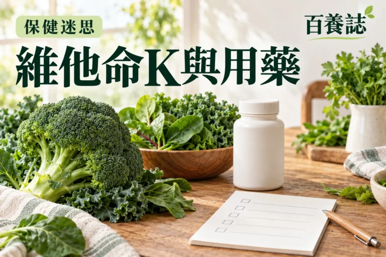 百養誌維他命K與用藥的自然彩色健康教育情境封面；沒有個人診斷或治療結果。