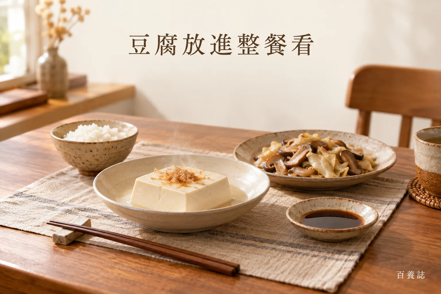 香港家庭餐桌上的豆腐、白飯、菇類與蔬菜,醬汁另放,示意將豆腐放在整餐背景下考慮。