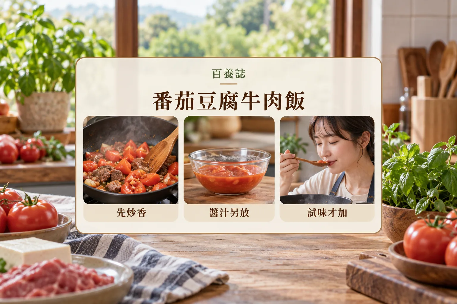 番茄調味的先炒香、醬汁另放和試味才加三步示意