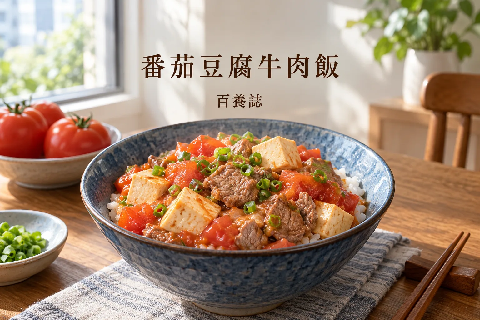 番茄豆腐牛肉與白飯盛在家常飯碗中
