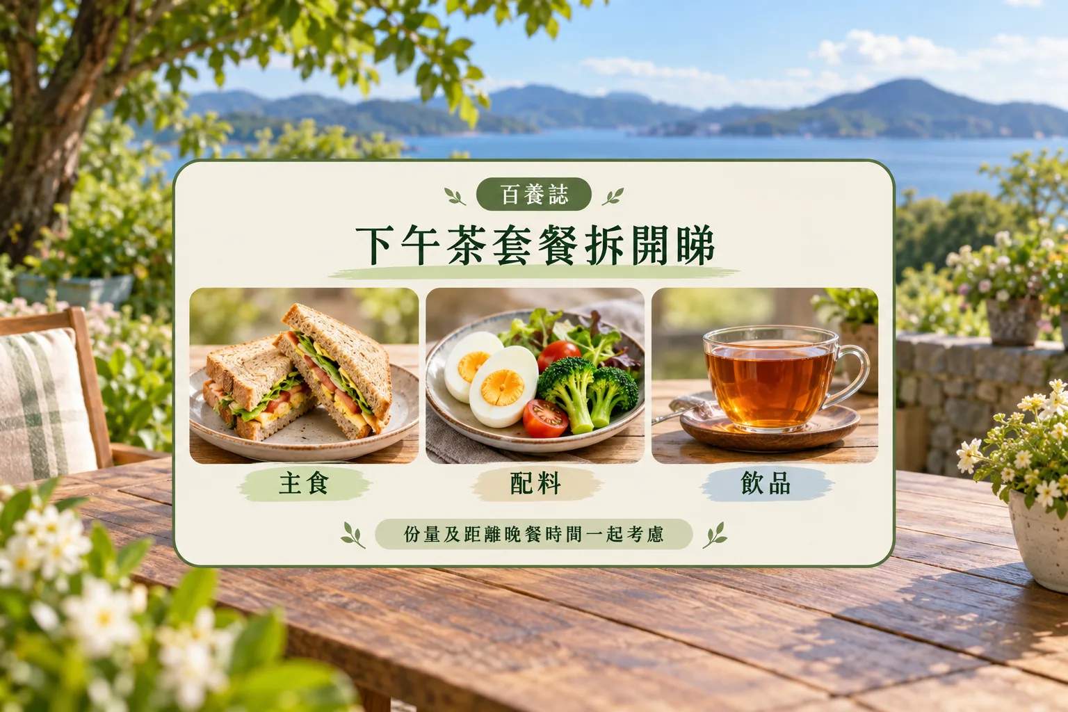 下午茶拆成主食、配料和飲品的三部分示意