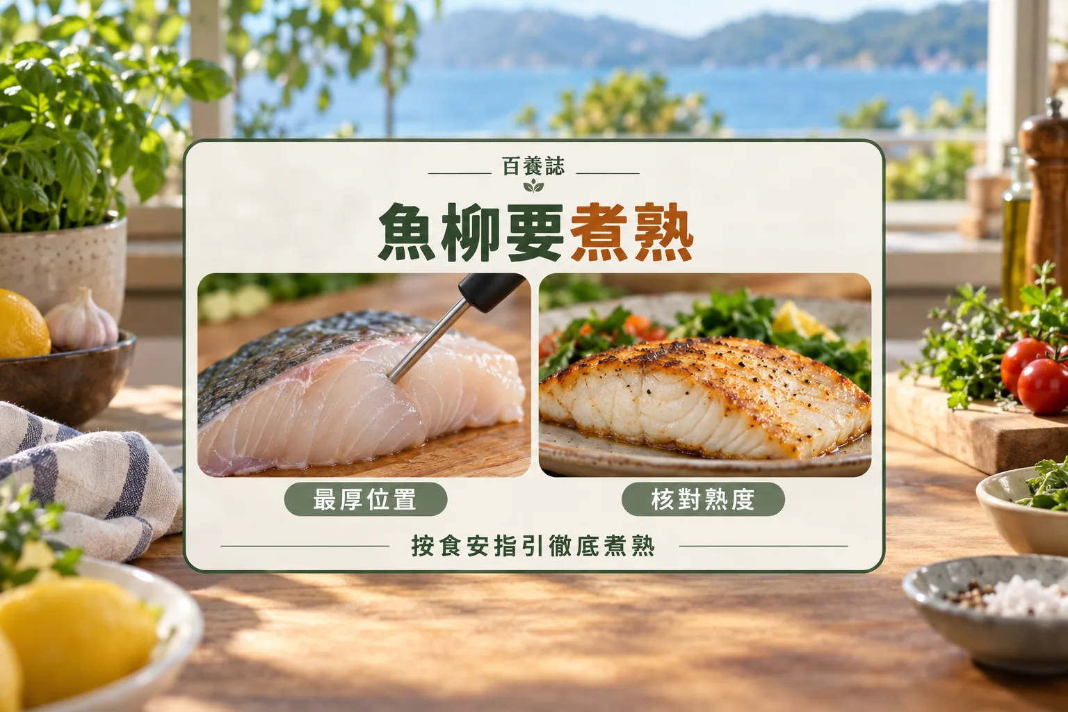 魚柳厚度與最厚位置核對熟度的烹調示意
