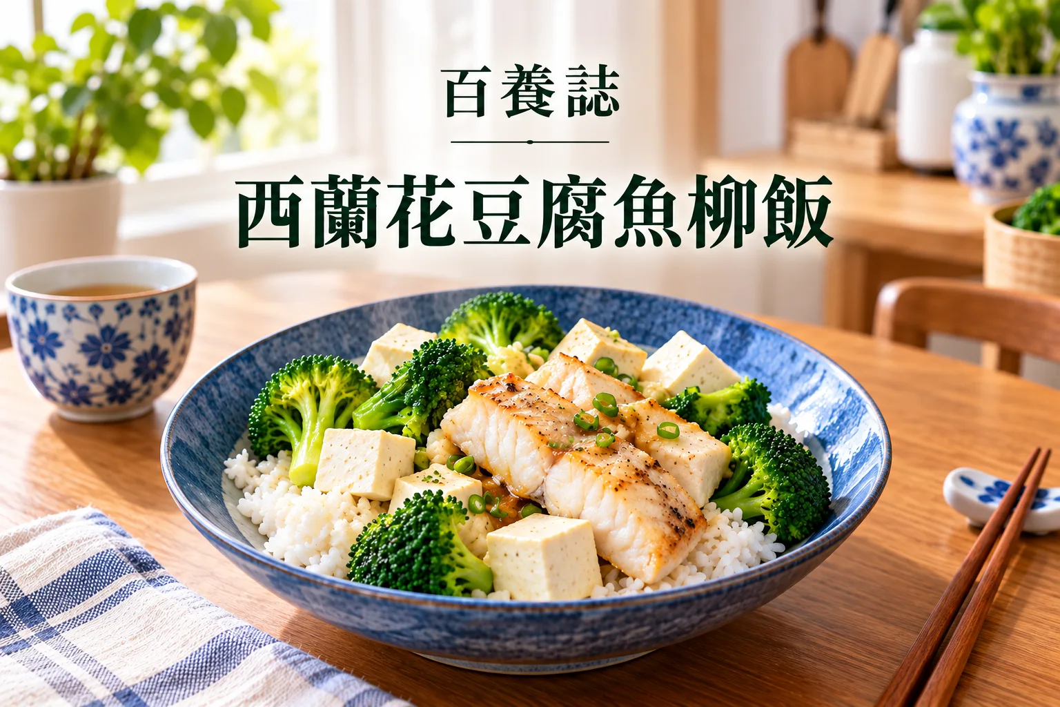 西蘭花、豆腐、魚柳與白飯的家常盛碟示意