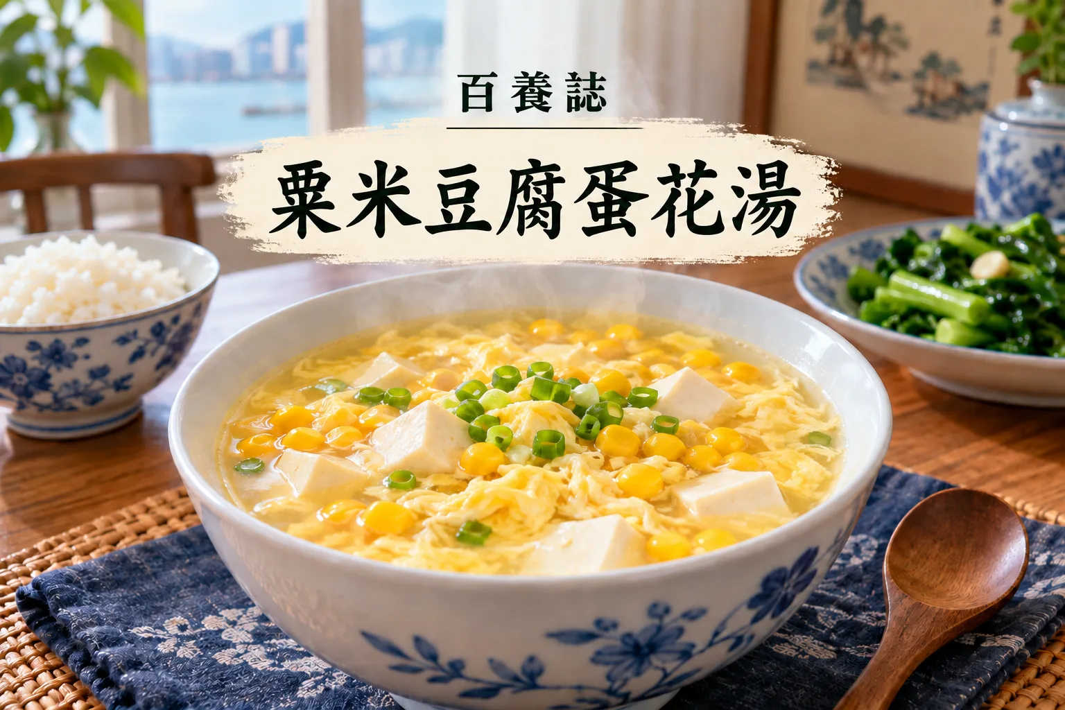 粟米粒、豆腐和凝固蛋花的家常湯品示意
