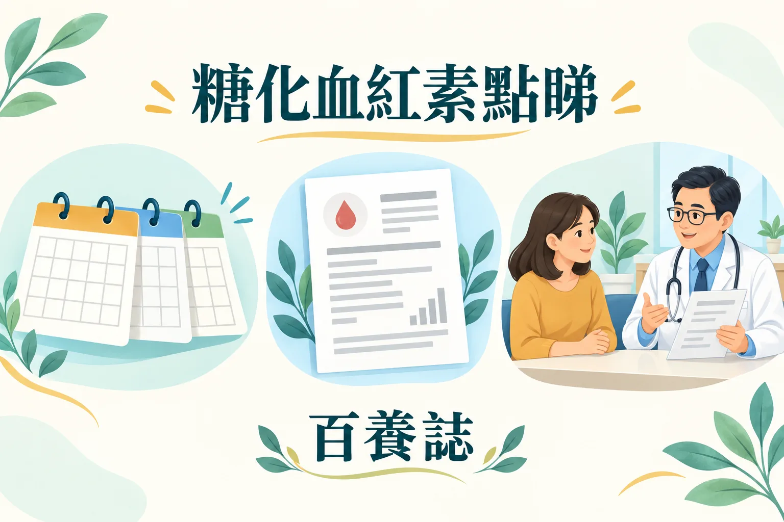 日曆、化驗報告與醫護討論的糖化血紅素概念圖