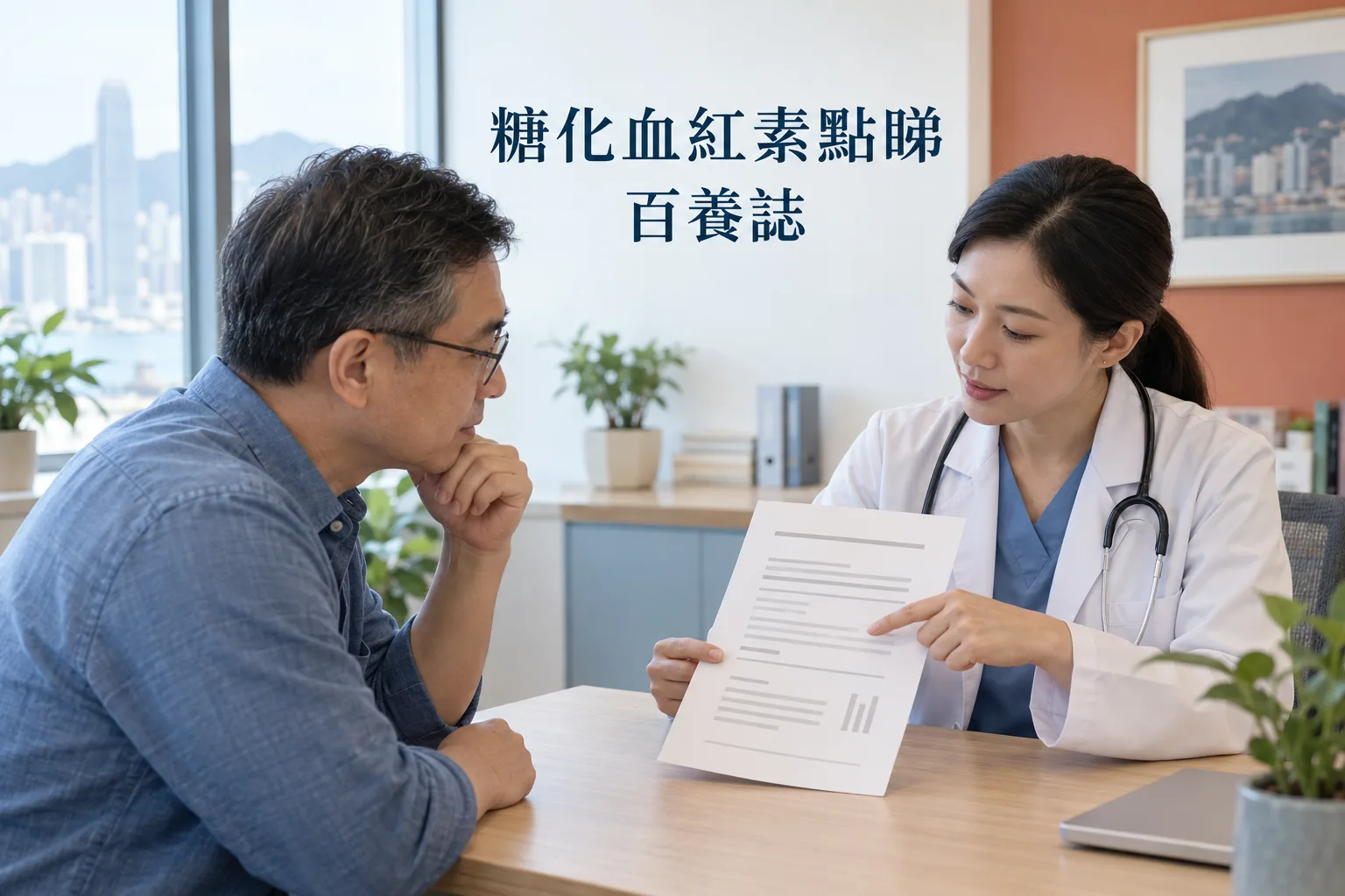 成年人與醫護在診症室一起查看沒有個人資料的化驗報告