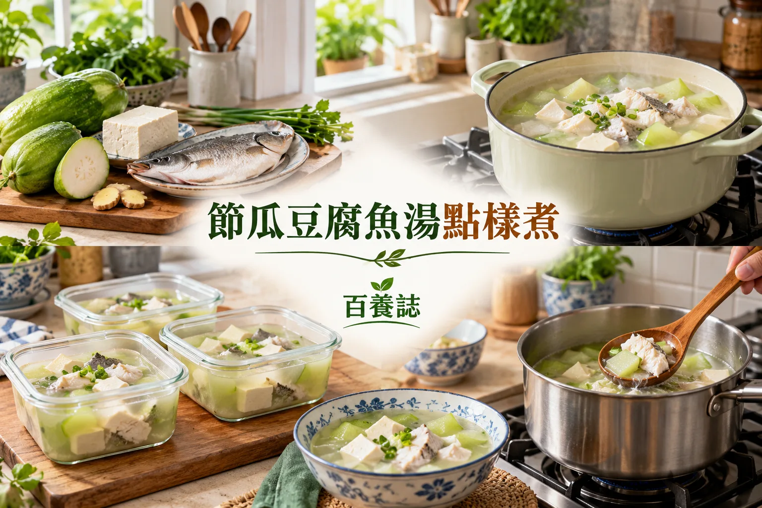 節瓜豆腐魚湯的收尾指引,顯示即餐分量、數個淺身冷藏盒及單盒徹底翻熱的次序